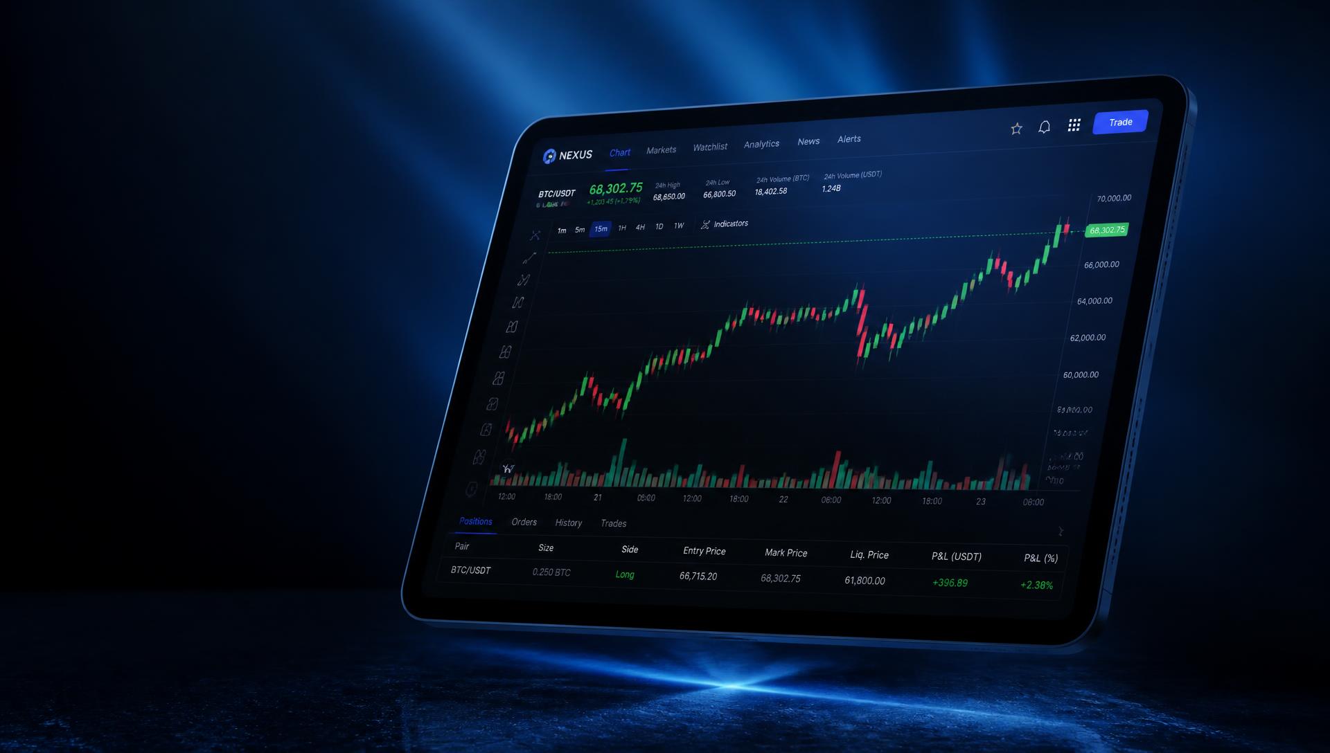 Trading dashboard on a tablet lit by electric blue and emerald light